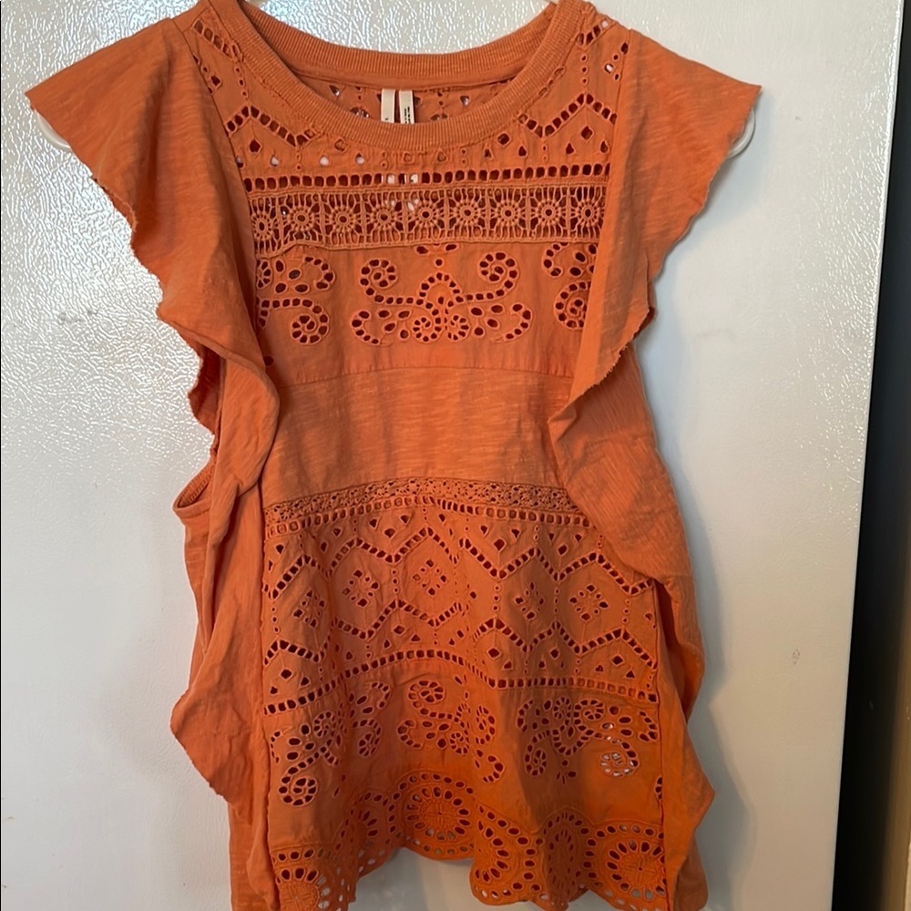 Anthropologie Womens Orange Size XS Eyelet Short Sleeve Top Blouse Shirt